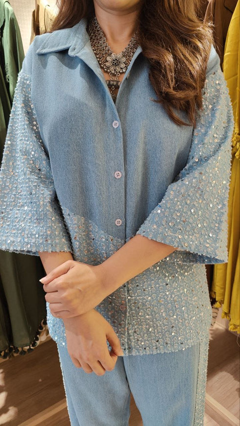 Shimmer Sequin Denim Shirt with Pant