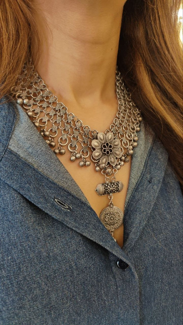 Oxidized Flower Necklace Set