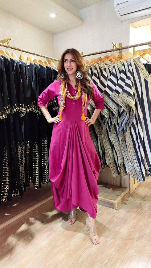 Pink Drape Dress With Printed Scarrf