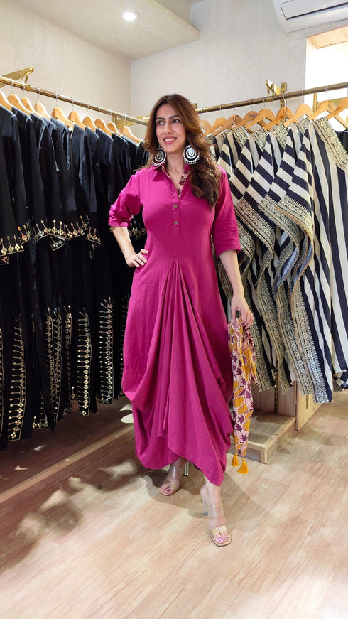 Pink Drape Dress With Printed Scarrf