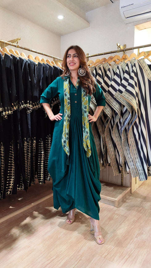 Green Drape Dress With Printed Scarrf