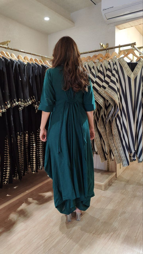 Green Drape Dress With Printed Scarrf