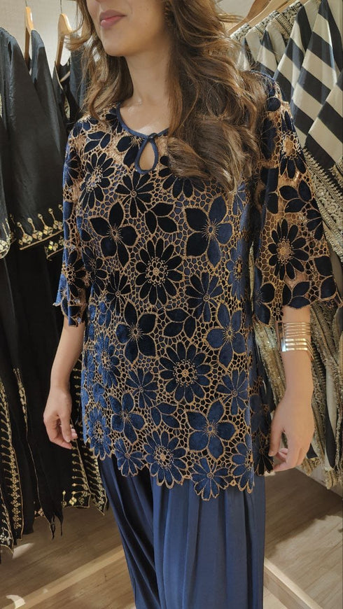 Blue Velvet Cutwork 3 Piece Farshi Set