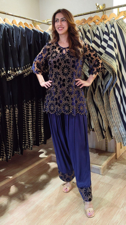 Blue Velvet Cutwork 3 Piece Farshi Set