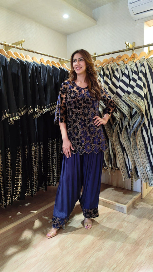 Blue Velvet Cutwork 3 Piece Farshi Set