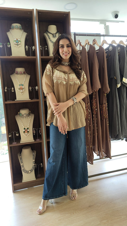 Beige Metallic Embroidered Shirt