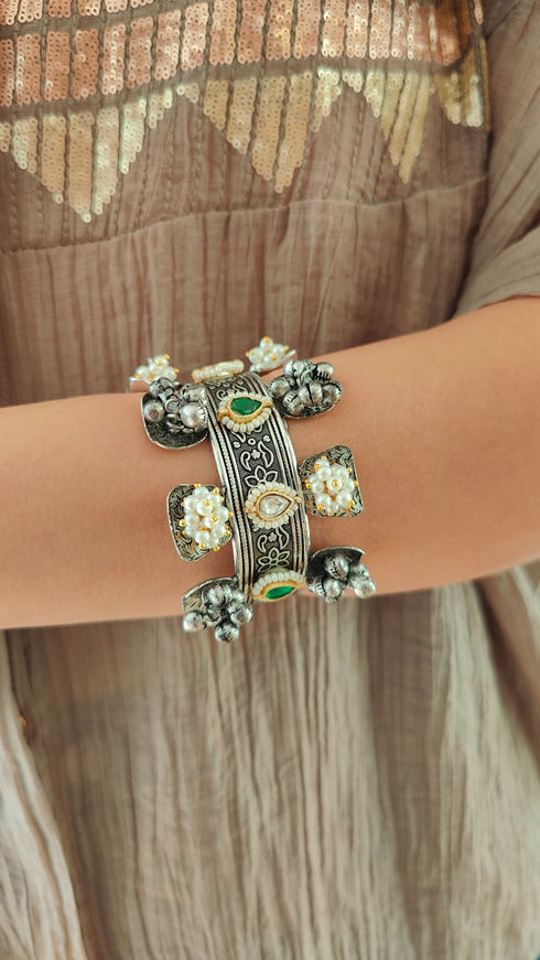 Vintage Oxidized Tribal Cuff with Pearl