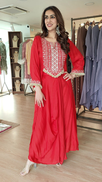 Red Drape Skirt Set with Embroidered High-Low Top