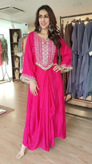 Pink Drape Skirt Set with Embroidered High-Low Top
