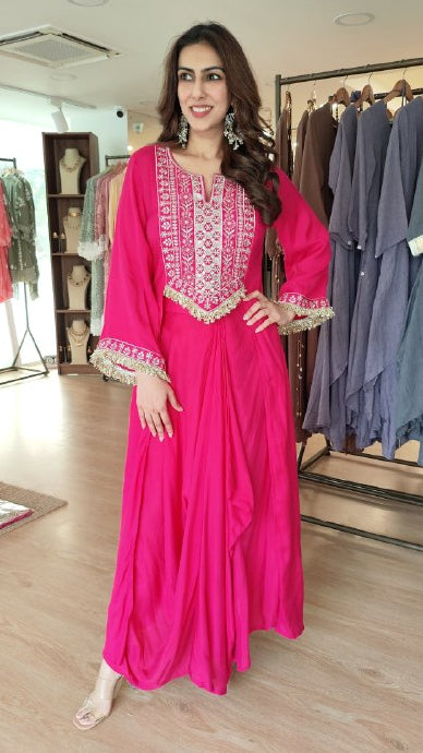 Pink Drape Skirt Set with Embroidered High-Low Top