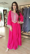 Pink Drape Skirt Set with Embroidered High-Low Top