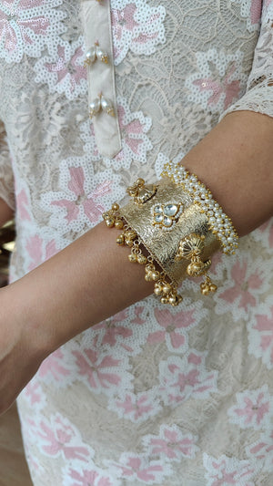 Textured Gold Floral Cuff with Ghungroo Hangings