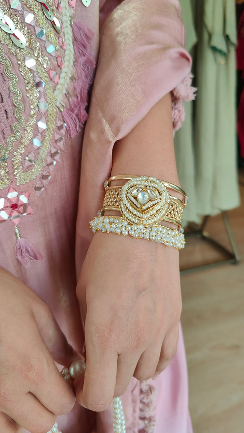 Traditional Gold Kundan & Seed Pearl Cuff Bangle