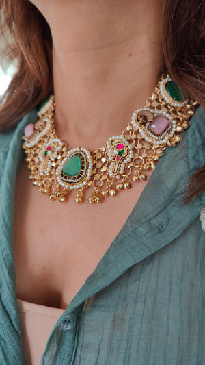 Gold Kundan Choker with Mint Green & Pink Stones Set