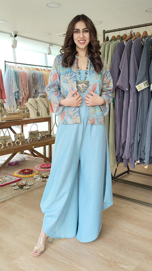 Powder Blue Jumpsuit with Embroidered Jacket Set