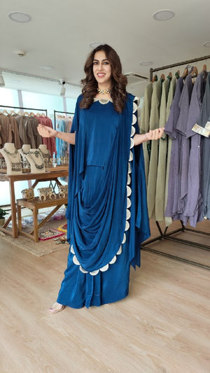 Blue Kaftan Top And Skirt With Attached Pallu