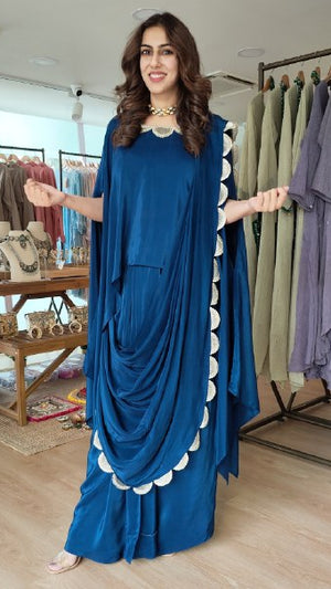 Blue Kaftan Top And Skirt With Attached Pallu