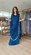 Blue Kaftan Top And Skirt With Attached Pallu