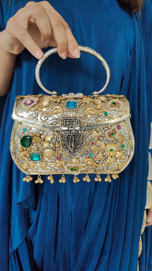 Blue Square Clasp Oxidised Bag