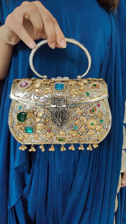 Blue Square Clasp Oxidised Bag