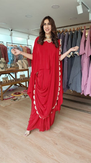 Red Kaftan Top And Skirt With Attached Pallu