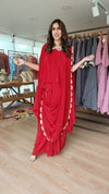 Red Kaftan Top And Skirt With Attached Pallu