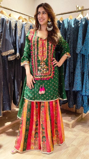 Green Multicolor Sharara Set