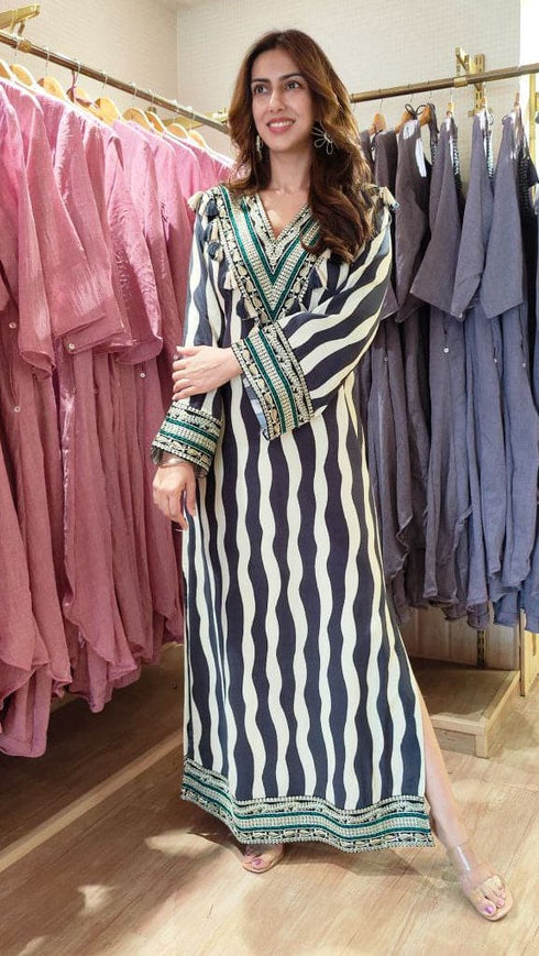 Wavy Black Stripes Kaftan Dress