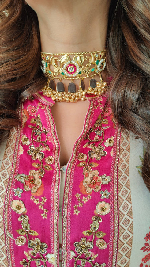 Traditional Golden Grey Choker Set - Design 2