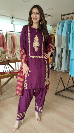 Purple 3 piece Zari Embroidered Farshi set
