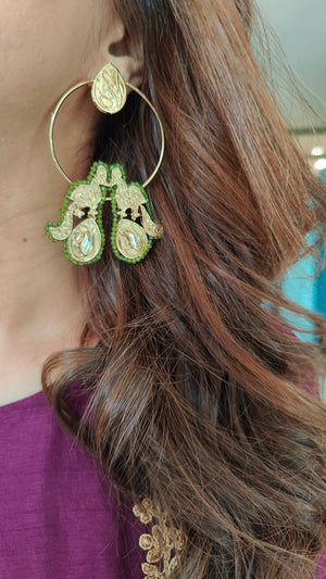 Golden Green Bead Hoop Earrings
