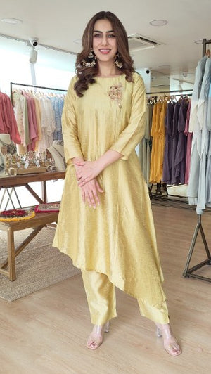 Mustard Yellow Hand Embroidered Motif Coord Set