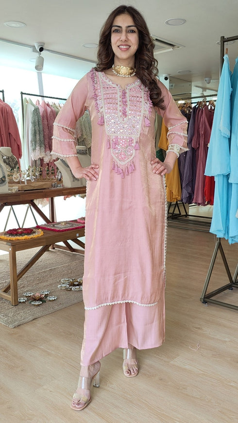 Pink Handcrafted Mirror Work Coord Set