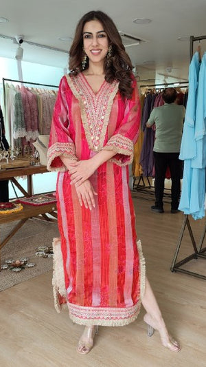 Pink Striped Embroidered Kaftan Dress