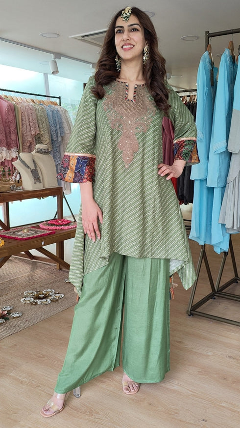 Green Asymmetric Kurta with Flared Pants