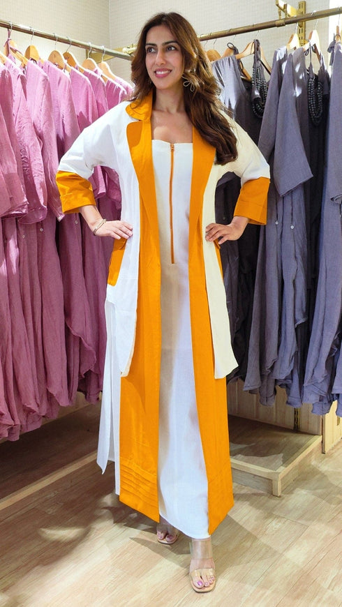 White Yellow Zipper Dress with Designer Jacket