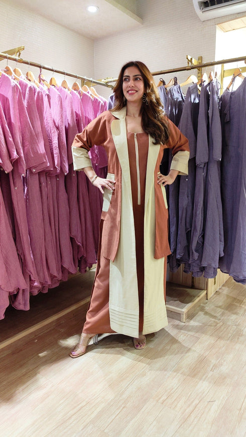 Beige Brown Zipper Dress with Designer Jacket
