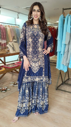 Midnight Blue Asymmetric Kurta Sharara Set