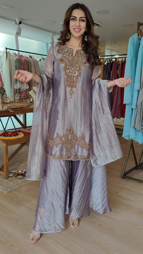 Metallic Purplish Grey 3-Piece Sharara Set