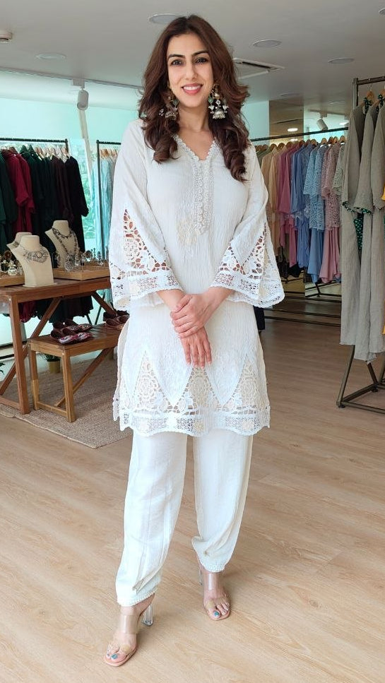 Crochet Ivory White Cutwork Co-ord Set
