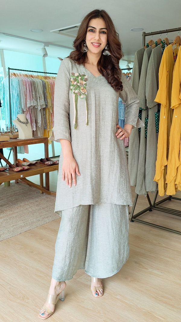 Light Green Crinkle Cotton Hand Knitted Motif Coord Set