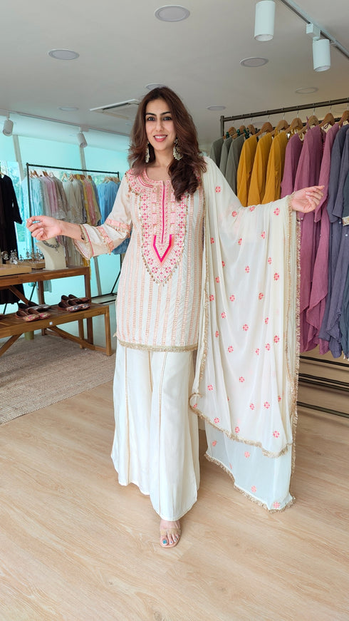 Raw Silk Ivory Pink Embroidered Sharara Set