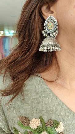 Oxidized Silver Jhumka Earrings - view 2