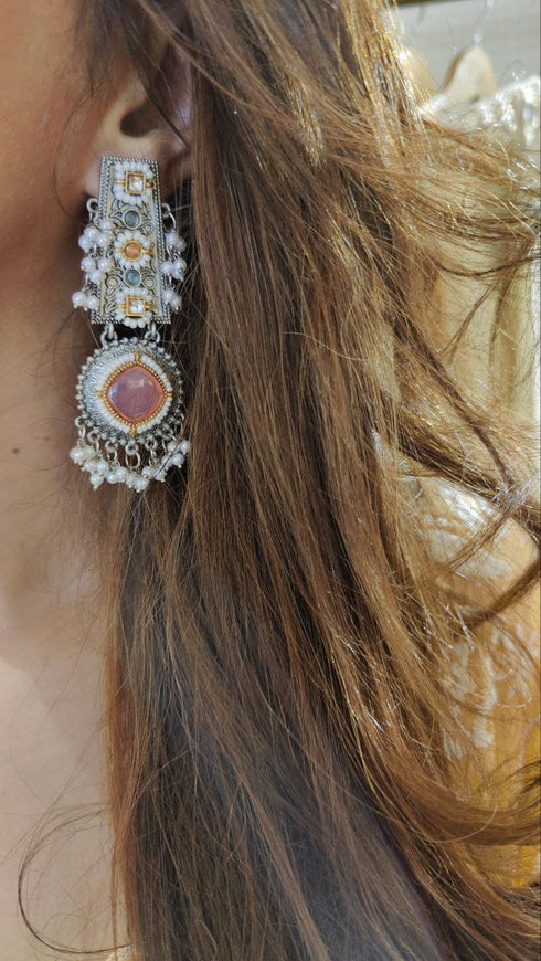 Rectangular Handcrafted Pink Stone Drop Earrings