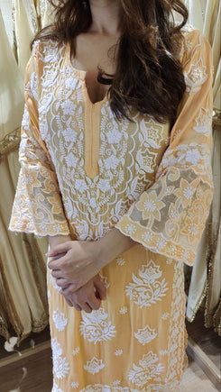 Long Peach Cutwork Chikan Hand Embroidery Set