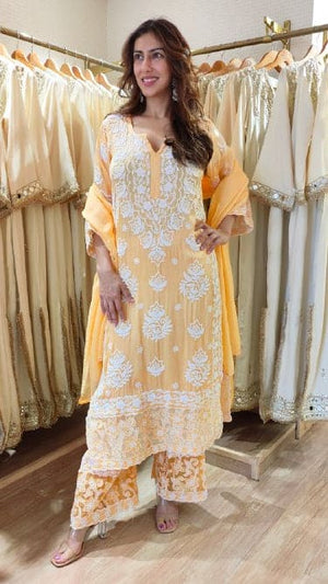 Long Peach Cutwork Chikan Hand Embroidery Set