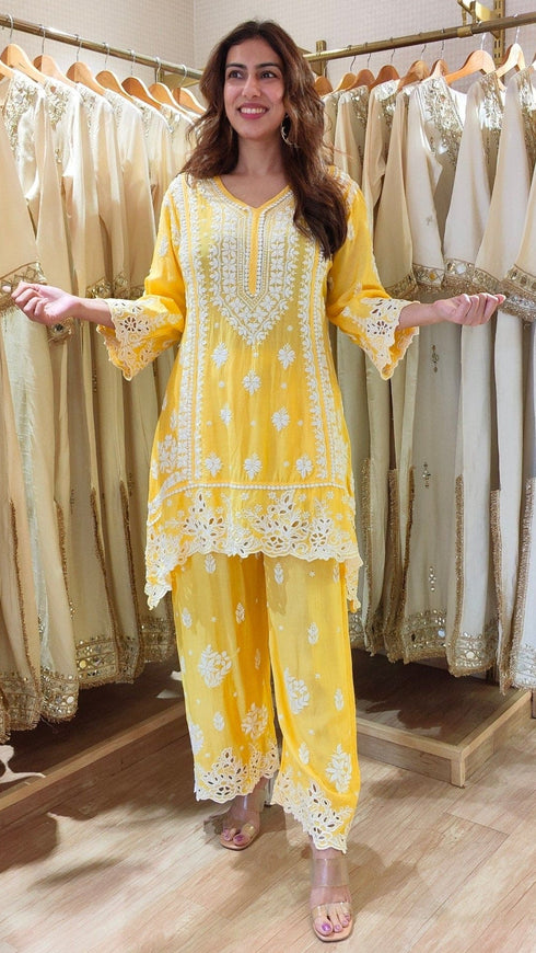 Yellow Cutwork Chikan Hand Embroidery Set