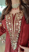 Embroidered Maroon Long Yoke Sharara Set