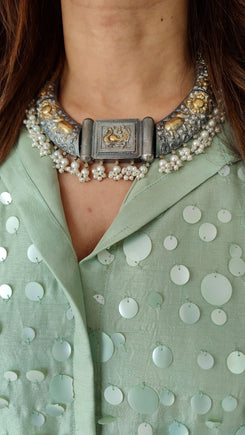 Sequin Green Grey Shirt Palazzo Set