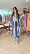 Stripe Blue Embroidered Kaftan With Pant